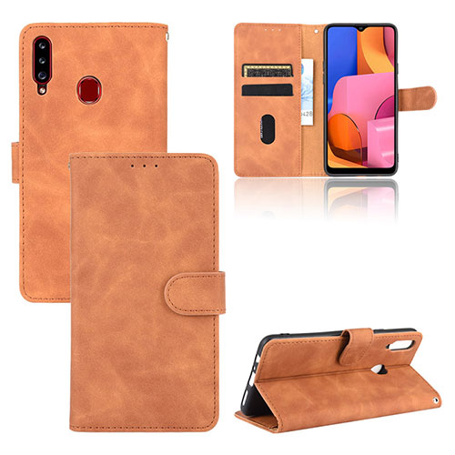 Leather Case Stands Flip Cover Holder L03Z for Samsung Galaxy A20s Brown