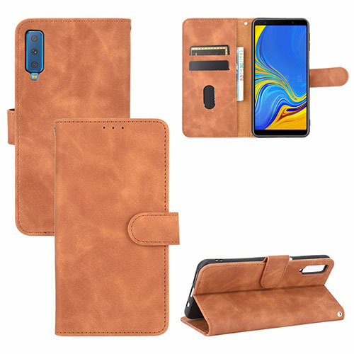 Leather Case Stands Flip Cover Holder L03Z for Samsung Galaxy A7 (2018) A750 Brown
