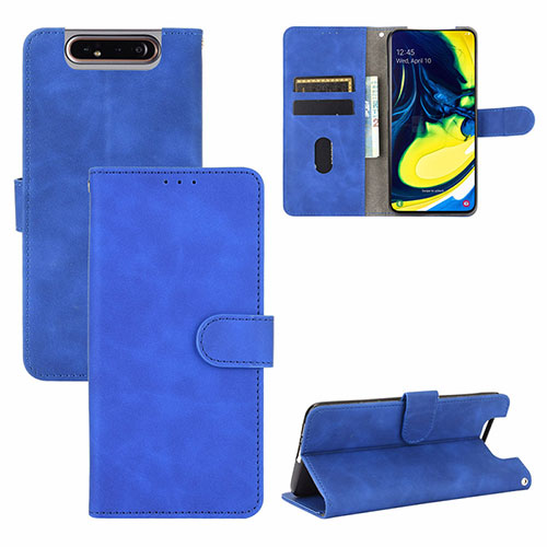 Leather Case Stands Flip Cover Holder L04Z for Samsung Galaxy A80 Blue