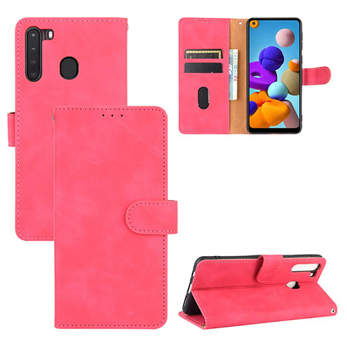 Leather Case Stands Flip Cover Holder L05Z for Samsung Galaxy A21 Hot Pink