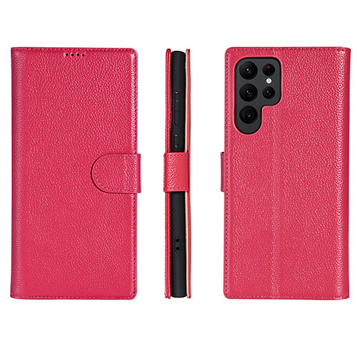 Leather Case Stands Flip Cover Holder L06 for Samsung Galaxy S23 Ultra 5G Hot Pink