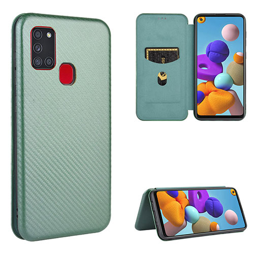 Leather Case Stands Flip Cover Holder L06Z for Samsung Galaxy A21s Green