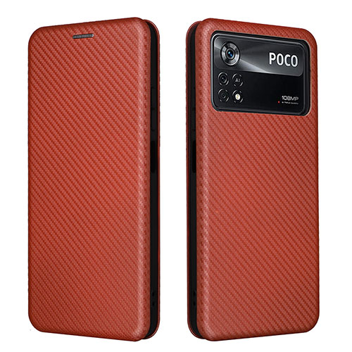 Leather Case Stands Flip Cover Holder L06Z for Xiaomi Poco X4 Pro 5G Brown