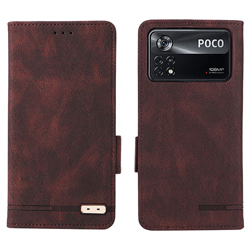 Leather Case Stands Flip Cover Holder L07Z for Xiaomi Poco X4 Pro 5G Brown