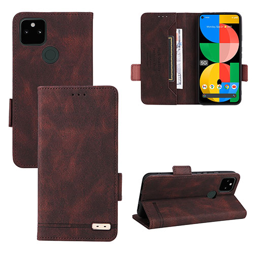 Leather Case Stands Flip Cover Holder L08Z for Google Pixel 5a 5G Brown