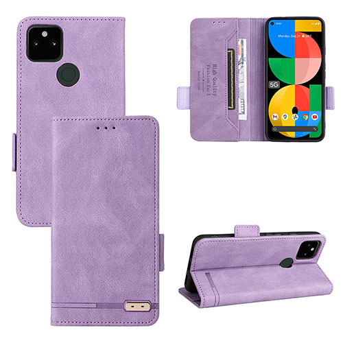 Leather Case Stands Flip Cover Holder L08Z for Google Pixel 5a 5G Purple