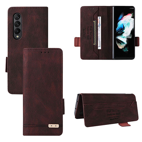 Leather Case Stands Flip Cover Holder L08Z for Samsung Galaxy Z Fold3 5G Brown