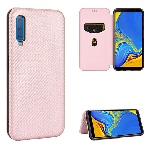 Leather Case Stands Flip Cover Holder L09Z for Samsung Galaxy A7 (2018) A750 Rose Gold