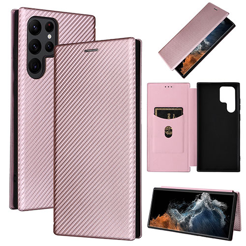 Leather Case Stands Flip Cover Holder L10Z for Samsung Galaxy S23 Ultra 5G Rose Gold