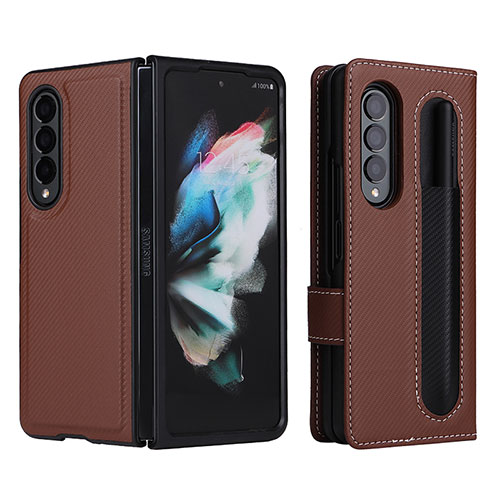 Leather Case Stands Flip Cover Holder L15Z for Samsung Galaxy Z Fold3 5G Brown