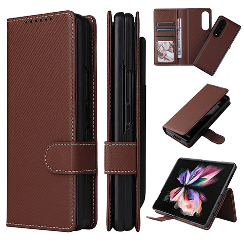 Leather Case Stands Flip Cover Holder L17Z for Samsung Galaxy Z Fold3 5G Brown