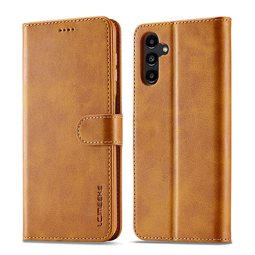 Leather Case Stands Flip Cover Holder LC1 for Samsung Galaxy A14 4G Light Brown