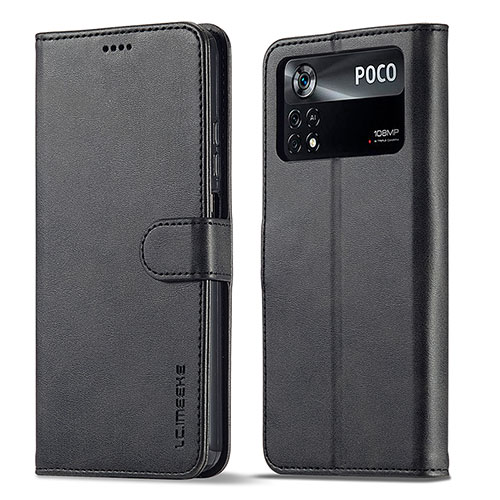 Leather Case Stands Flip Cover Holder LC1 for Xiaomi Poco M4 Pro 4G Black