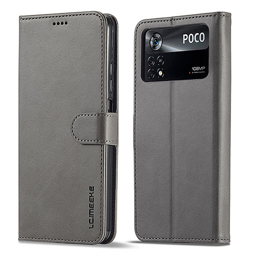 Leather Case Stands Flip Cover Holder LC1 for Xiaomi Poco M4 Pro 4G Gray