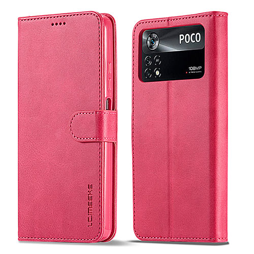 Leather Case Stands Flip Cover Holder LC1 for Xiaomi Poco M4 Pro 4G Hot Pink