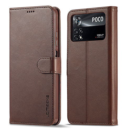 Leather Case Stands Flip Cover Holder LC1 for Xiaomi Poco X4 Pro 5G Brown