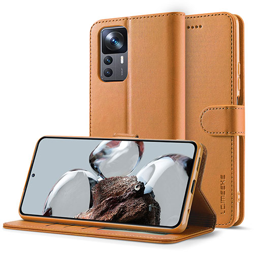 Leather Case Stands Flip Cover Holder LC2 for Xiaomi Mi 12T 5G Light Brown