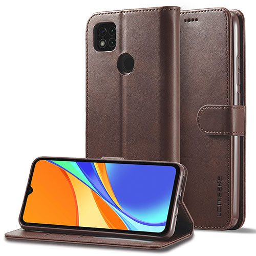 Leather Case Stands Flip Cover Holder LC2 for Xiaomi POCO C3 Brown