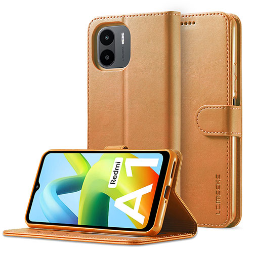 Leather Case Stands Flip Cover Holder LC2 for Xiaomi Poco C51 Light Brown