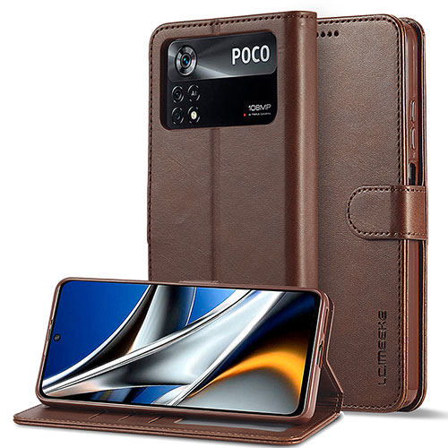 Leather Case Stands Flip Cover Holder LC2 for Xiaomi Poco M4 Pro 4G Brown