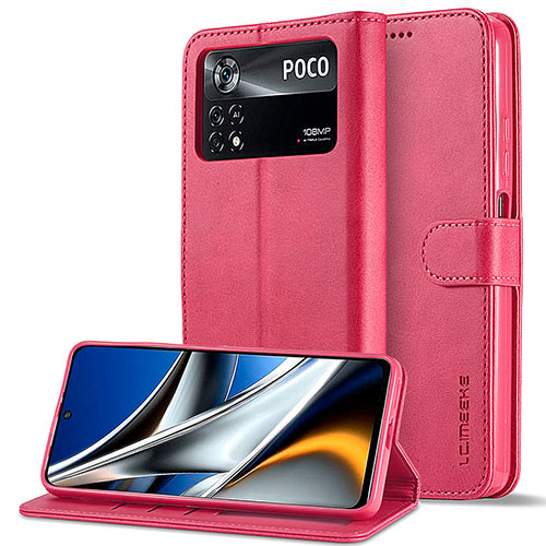 Leather Case Stands Flip Cover Holder LC2 for Xiaomi Poco M4 Pro 4G Hot Pink