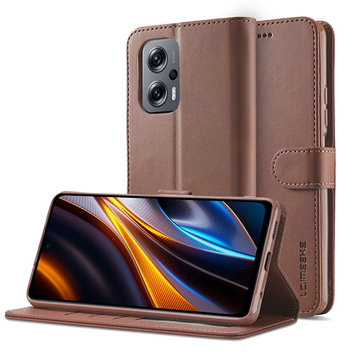 Leather Case Stands Flip Cover Holder LC2 for Xiaomi Poco X4 GT 5G Brown