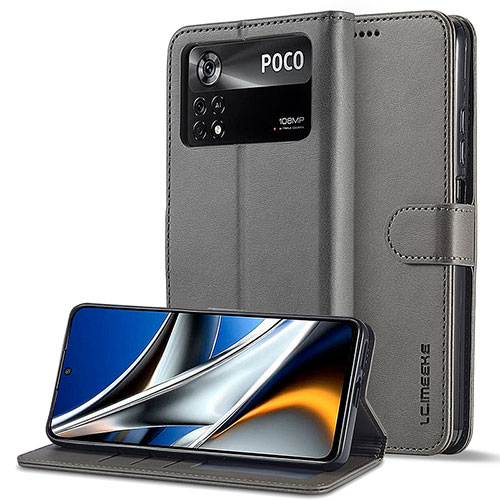 Leather Case Stands Flip Cover Holder LC2 for Xiaomi Poco X4 Pro 5G Gray
