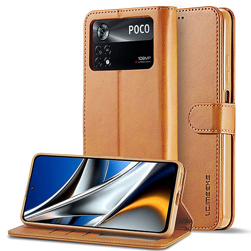 Leather Case Stands Flip Cover Holder LC2 for Xiaomi Redmi Note 11E Pro 5G Light Brown