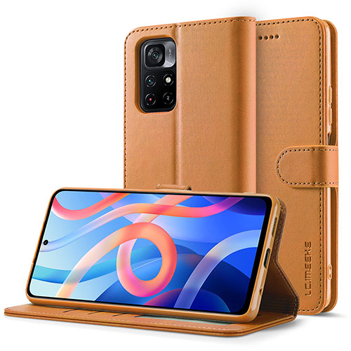 Leather Case Stands Flip Cover Holder LC2 for Xiaomi Redmi Note 11T 5G Light Brown