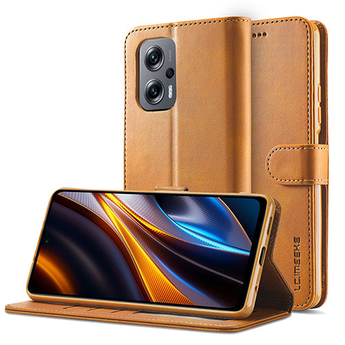 Leather Case Stands Flip Cover Holder LC2 for Xiaomi Redmi Note 11T Pro 5G Light Brown