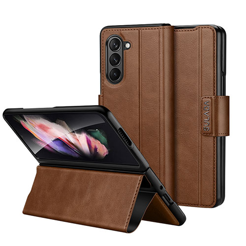 Leather Case Stands Flip Cover Holder LD1 for Samsung Galaxy Z Fold5 5G Brown