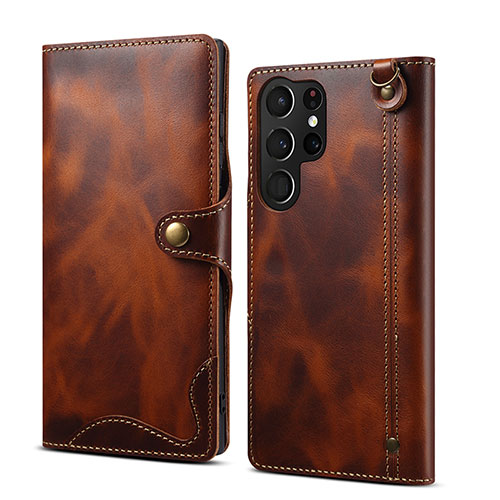 Leather Case Stands Flip Cover Holder M01T for Samsung Galaxy S24 Ultra 5G Brown