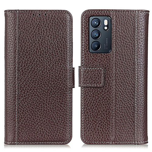 Leather Case Stands Flip Cover Holder M14L for Oppo Reno6 5G Brown