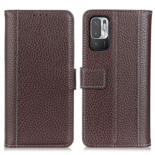 Leather Case Stands Flip Cover Holder M14L for Xiaomi Redmi Note 10 5G Brown