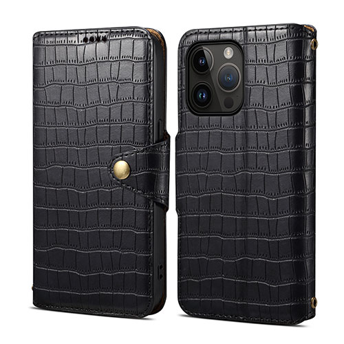 Leather Case Stands Flip Cover Holder MT6 for Apple iPhone 15 Pro Black
