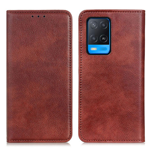 Leather Case Stands Flip Cover Holder N01P for Oppo A54 4G Brown