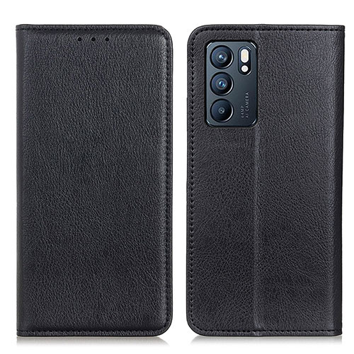 Leather Case Stands Flip Cover Holder N01P for Oppo Reno6 5G Black