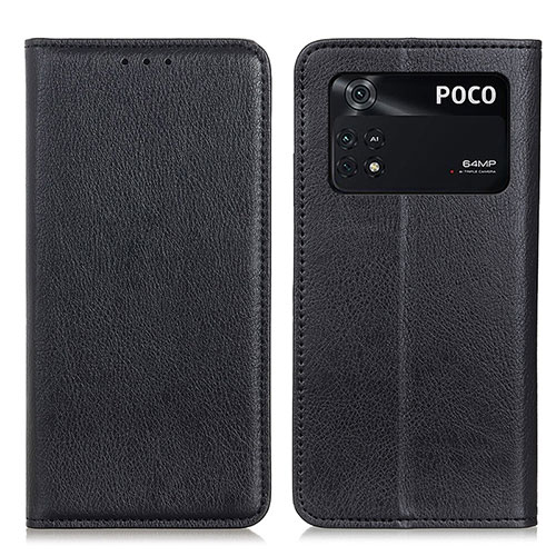 Leather Case Stands Flip Cover Holder N01P for Xiaomi Poco M4 Pro 4G Black