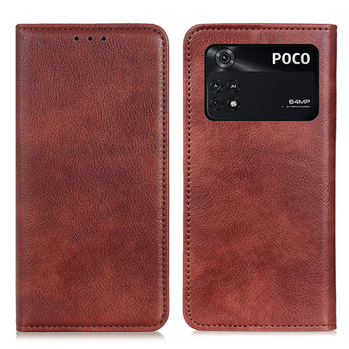 Leather Case Stands Flip Cover Holder N01P for Xiaomi Poco M4 Pro 4G Brown