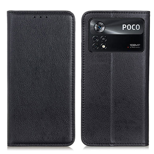 Leather Case Stands Flip Cover Holder N01P for Xiaomi Poco X4 Pro 5G Black