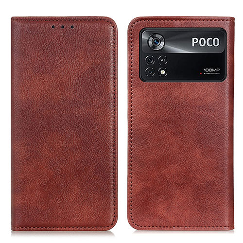 Leather Case Stands Flip Cover Holder N01P for Xiaomi Poco X4 Pro 5G Brown