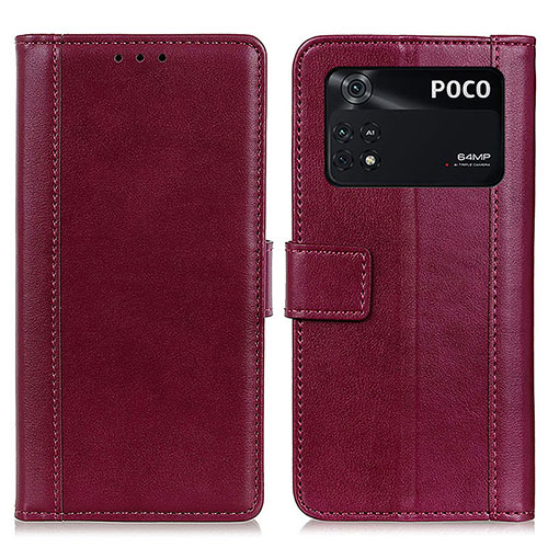 Leather Case Stands Flip Cover Holder N02P for Xiaomi Poco M4 Pro 4G Red