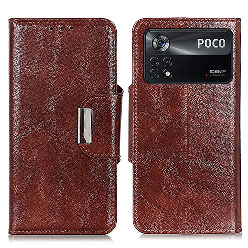 Leather Case Stands Flip Cover Holder N04P for Xiaomi Poco X4 Pro 5G Brown