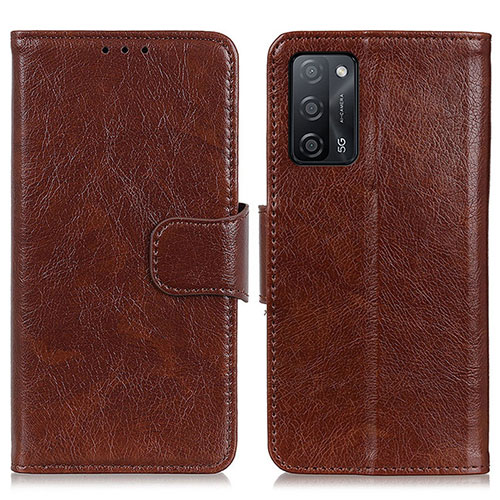 Leather Case Stands Flip Cover Holder N05P for Oppo A56 5G Brown