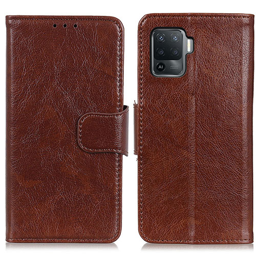 Leather Case Stands Flip Cover Holder N05P for Oppo Reno5 F Brown