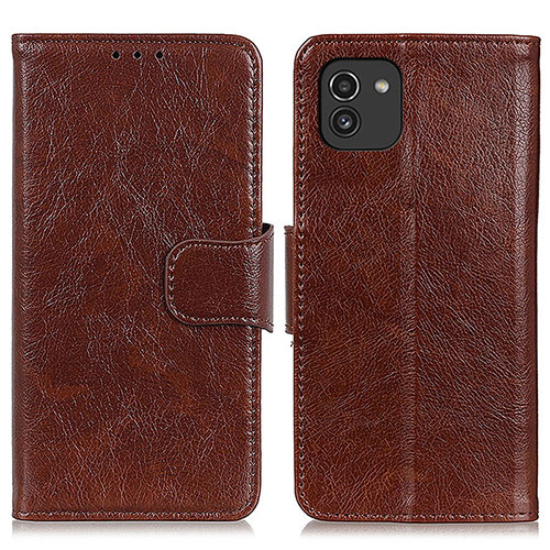 Leather Case Stands Flip Cover Holder N05P for Samsung Galaxy A03 Brown