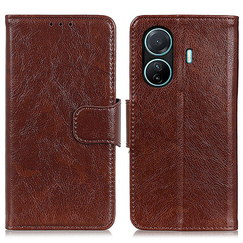 Leather Case Stands Flip Cover Holder N05P for Vivo iQOO Z6 Pro 5G Brown