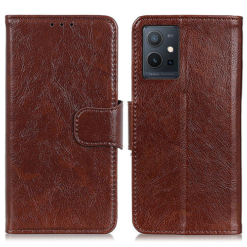 Leather Case Stands Flip Cover Holder N05P for Vivo T1 5G India Brown