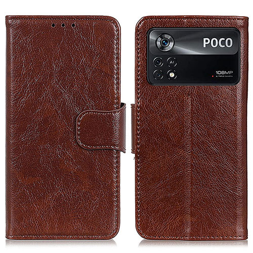 Leather Case Stands Flip Cover Holder N05P for Xiaomi Poco X4 Pro 5G Brown