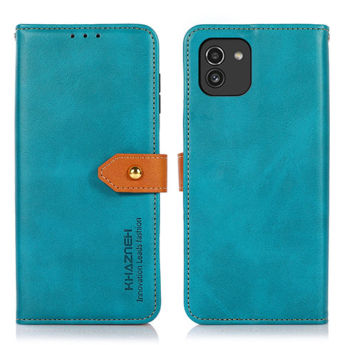 Leather Case Stands Flip Cover Holder N07P for Samsung Galaxy A03 Cyan